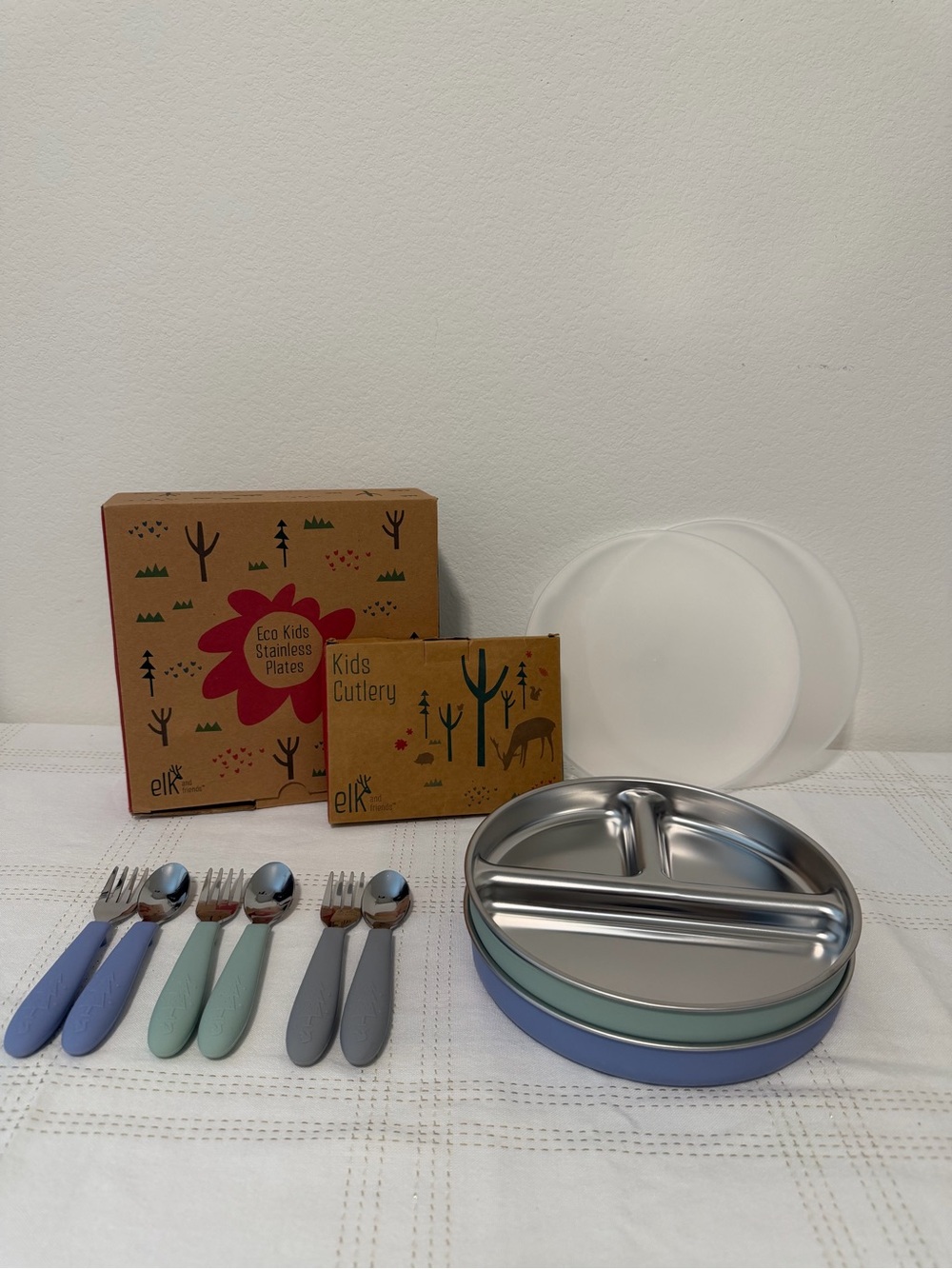 Elk and Friends Lot Stainless Steel Divided Plate and 6 Piece Cultery